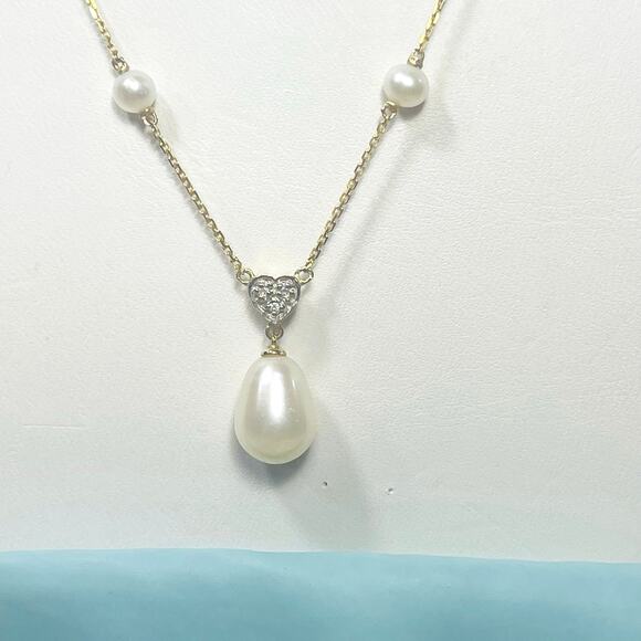 Ross Simons 14k Gold Cultured Pearl Diamond Heart Necklace 17" - Picture 3 of 14